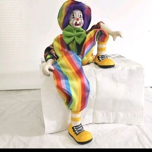 Ganz Collectible Colorful Porcelain Face Fun Circus Sitting Clown Rainbow Suit